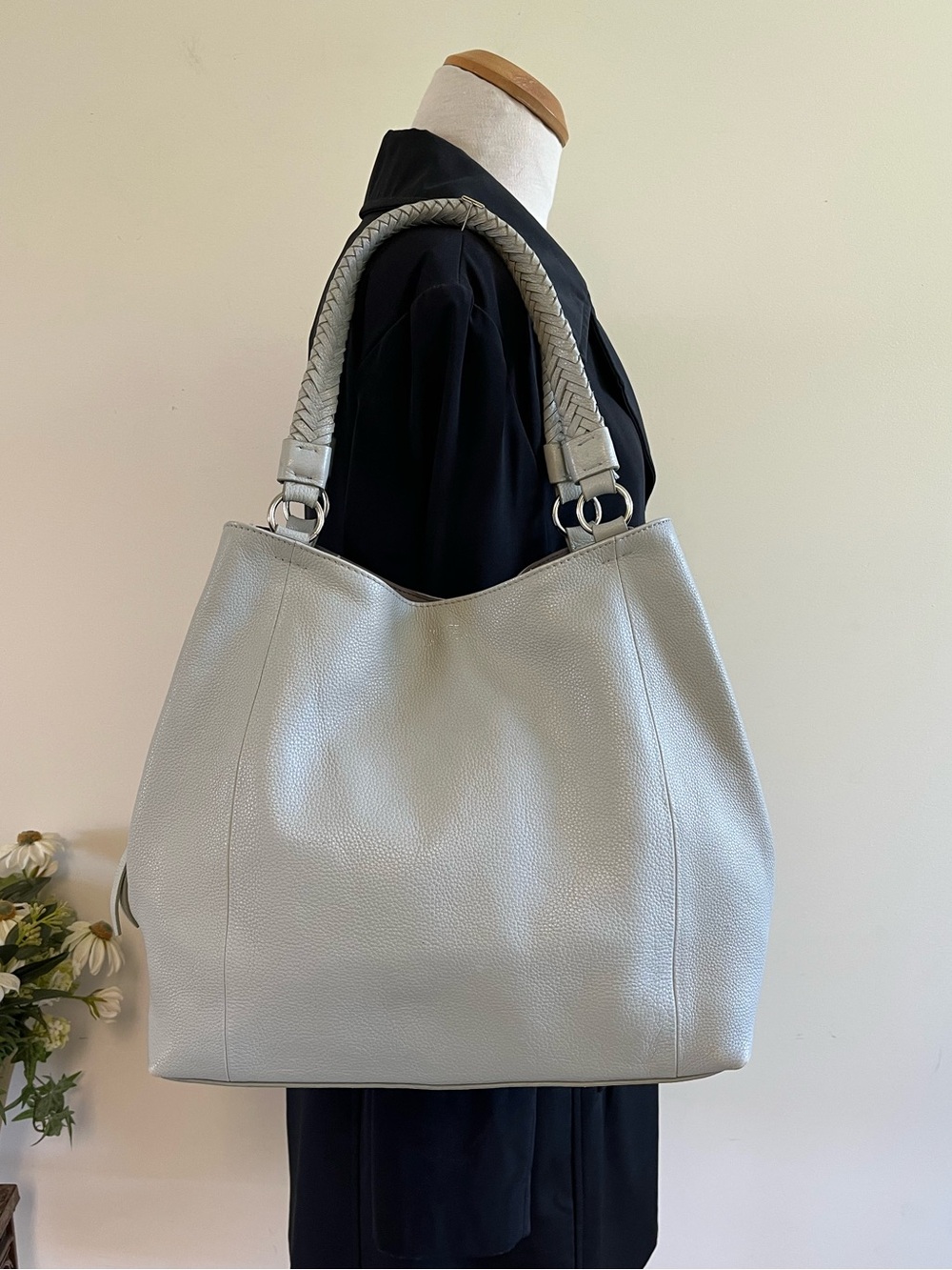 Vince Camuto Gray Pebble Leather Shoulder VV-Signe-To Bag Braided Handles